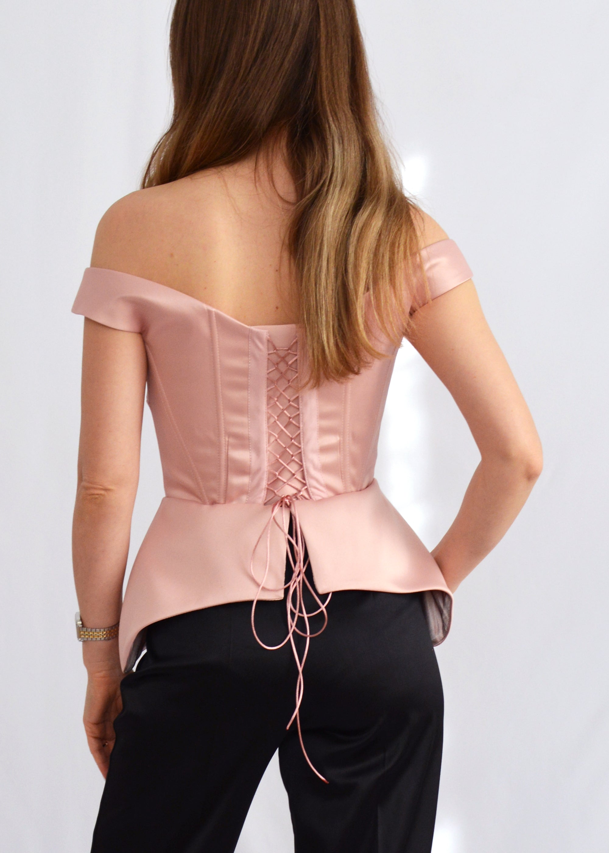 PINK SATINATED CORSET WITH PEPLUM