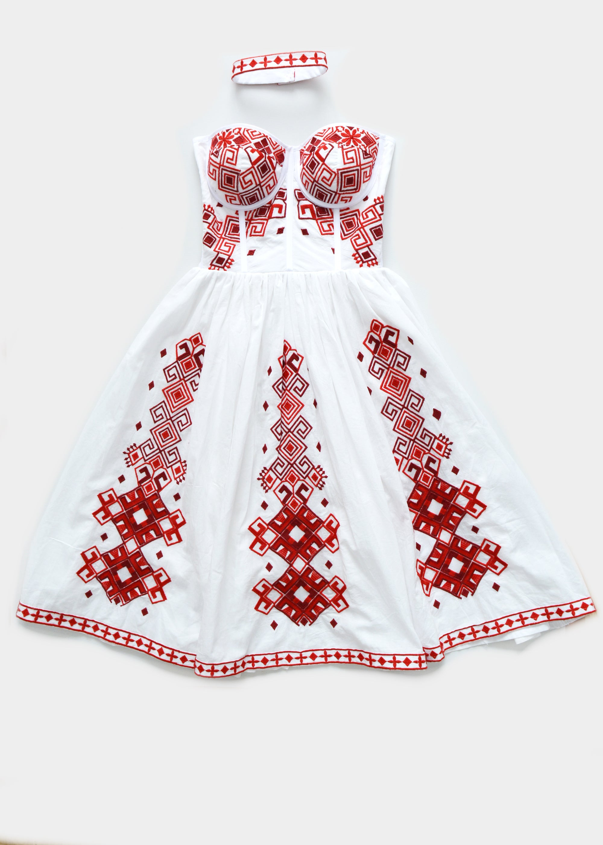 RED AND WHITE TRADITIONAL MIDI DRESS WITH CHOKER