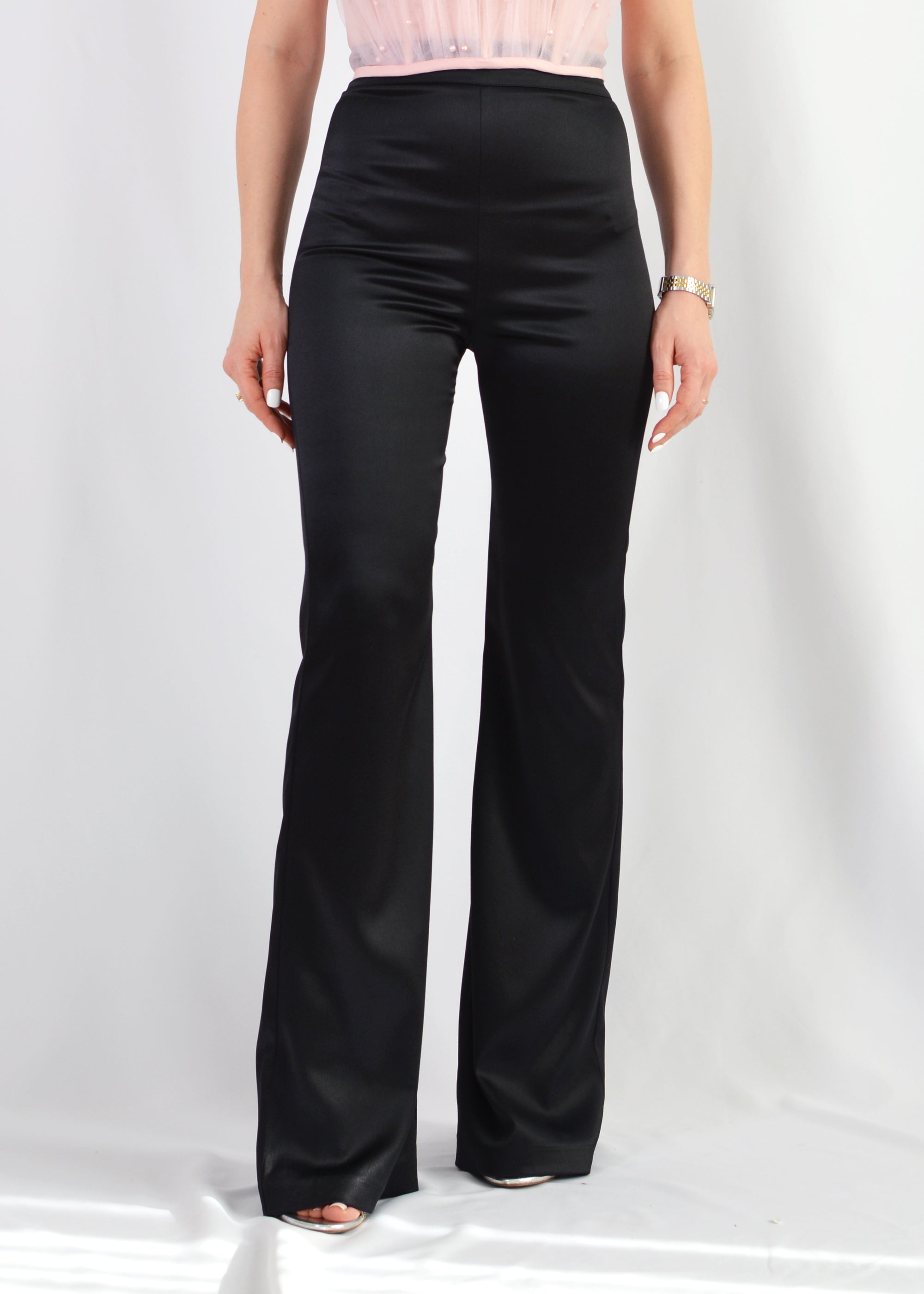 FLARED SATINATED LONG BLACK TROUSERS